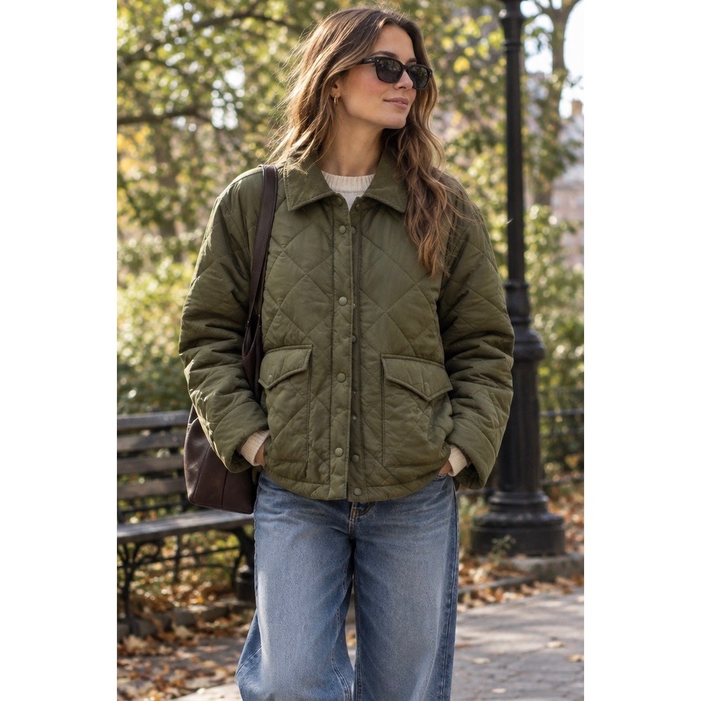 GAP Quilted Shirt Jacket Olive Night Green with Corduroy Trim - Size Large